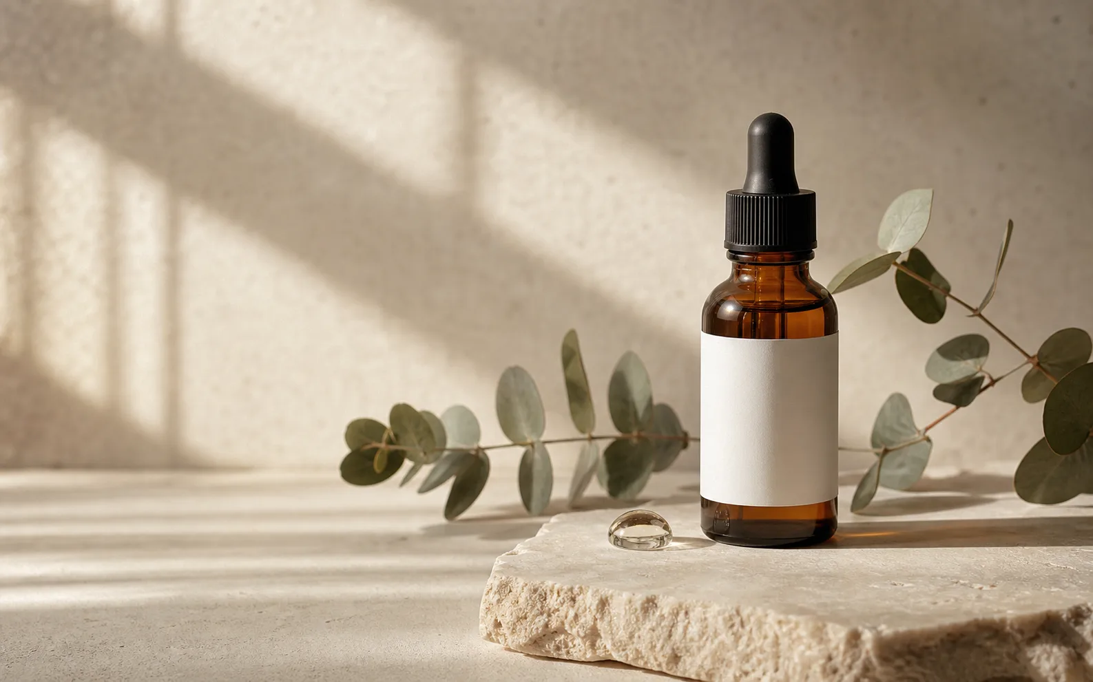 Unbranded amber dropper bottle beside eucalyptus on warm limestone