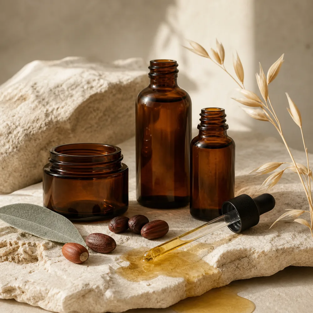 Unbranded amber vessels, golden botanical oil, oat stems, and a sage leaf