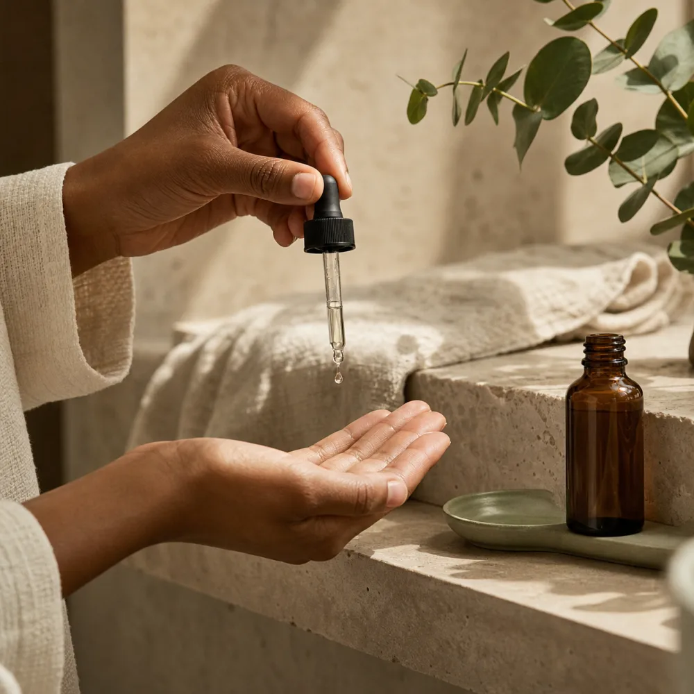 Hands dispensing a drop of oil from an unbranded amber dropper in morning light